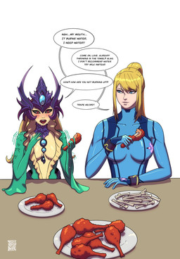 arm_fin armor black_sclera blonde_hair blush bodily_fluids bodysuit bone chicken_meat clothing cooling_off crossover_ship crown duo eating eating_food female female/female fin food fried_chicken hair head_fin headgear humor interspecies jewelry linked_speech_bubble long_hair meat necklace pain plate ponytail red_eyes scales skinsuit speech_bubble spicy split_form sweat text tight_clothing jiggernut league_of_legends metroid nintendo riot_games tencent nami_(lol) samus_aran aquatic human humanoid mammal merfolk scalie vastaya crossover english_text hi_res