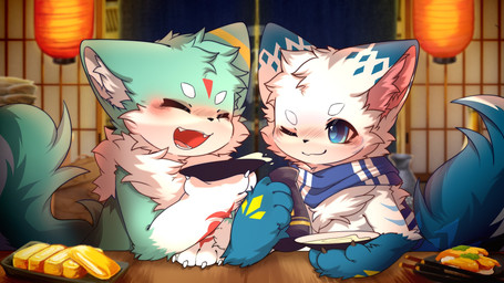 :3 anthro big_eyes blue_body blue_eyes blue_fur blush blush_lines duo eyes_closed fur green_body green_fur kemono lamp lantern male one_eye_closed open_mouth slim_anthro slim_male white_body white_fur hlg7777 canid canine fox mammal 16:9 2021 hi_res widescreen