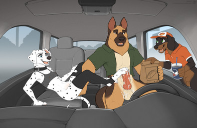 4_toes animal_genitalia animal_penis anthro anthro_on_anthro balls beverage black_nose bodily_fluids bottomless bottomless_anthro bottomless_female bottomless_male brown_body brown_fur canine_genitalia canine_penis car clothed clothing cum erection feet female fingering food foot_fetish foot_play footjob fur genital_fluids genitals group hindpaw knot knotted_penis male male/female markings paws penis sex sitting spots spotted_body spotted_fur toes trio vehicle white_body white_fur jishinu canid canine canis dachshund dalmatian domestic_dog german_shepherd herding_dog hunting_dog mammal pastoral_dog hi_res