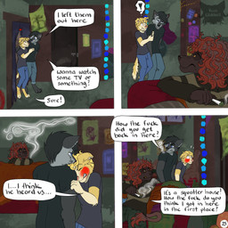 4_panel_comic angry anthro arm_grab barefoot black_body black_hair black_sclera blonde_hair blue_eyes blush bottomwear brown_eyes cigarette cigarette_in_mouth clothed clothing dialogue doorway exclamation_point eye_contact feet grey_body group hair hand_on_shoulder heart_symbol holding_joint inside logo looking_at_another male male/male messy_hair object_in_mouth page_number pants profanity red_hair shirt side_hug smoke smoking smoking_cigarette snarling speech_bubble sweater t-shirt tail text topwear trio yellow_body kriek_wildebeest jeremy_(kriek_wildebeest) ravi_(kriek_wildebeest) tom_(kriek_wildebeest) border_collie canid canine canis collie domestic_dog herding_dog husky hybrid mammal nordic_sled_dog pastoral_dog portuguese_water_dog sheepdog spitz wolf 1:1 artist_logo comic english_text hi_res multiple_scenes