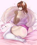 anthro big_butt brown_hair butt clothed clothing eyelashes female footwear fur hair looking_at_viewer panties pink_nose purple_clothing purple_panties purple_topwear purple_underwear red_eyes sitting socks solo tail tan_body tan_fur tan_tail topwear underwear white_body white_clothing white_footwear white_fur white_socks white_tail wide_hips tiggybloom hi_res