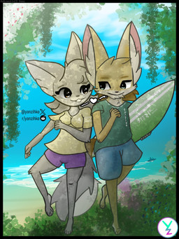 anthro beach blonde_hair blue_sky buckteeth cloud duo female flower fur grass green_eyes grey_body grey_fur grey_hair hair light male male/female plant sea seaside sky sunlight tail teeth tree water yellow_body yellow_eyes yellow_fur yanzihko canid canine fox mammal 3:4 hi_res