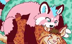 anthro duo ear_nibble feral from_behind_position green_background male mounting pink_body sex simple_background smile misterkittens azurel_husky kotakat ailurid felid feline lynx mammal red_panda 2021