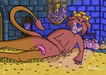 anthro bedroom_eyes castle_wall crown genitals gold_(metal) headgear looking_at_viewer male money money_bag narrowed_eyes penile_spines penis pile_of_gold ring_(jewelry) seductive solo tapestry lionclaw disney robin_hood_(disney) prince_john felid lion mammal pantherine hi_res