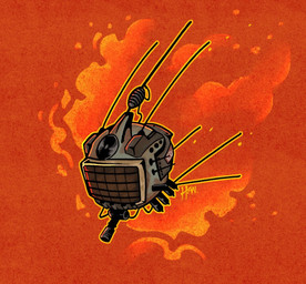 ambiguous_gender antennae_(anatomy) flaming_background floating grate machine metallic_body new_vegas not_furry red_background satellite_dish simple_background solo vacuum_tube han_(artist) fallout microsoft ed-e_(fallout) eyebot_(fallout) robot english_description signature