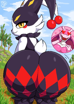 all_fours ambiguous_anthro ambiguous_gender anthro big_butt black_body black_fur blush bubble_butt butt cheek_tuft cloud cotton_tail duo eyelashes facial_tuft fangs floppy_ears fur glistening glistening_butt grass hair heart_eyes heart_symbol leg_tuft long_hair looking_back lop_ears multicolored_body multicolored_fur narrowed_eyes outside pink_body plant presenting presenting_hindquarters pseudo_hair red_body red_fur smile spades_(marking) teeth thigh_tuft tree tuft white_body white_fur yellow_body yellow_eyes yellow_fur linbun palworld pocketpair dupin_(pal) lagomorph leporid lovander mammal pal_(species) rabbit scalie 2026 animated digital_drawing_(artwork) digital_media_(artwork) hi_res pixel_(artwork) pixel_animation