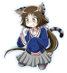 anthro biped bottomwear brown_hair chest_tuft clenched_teeth clothing female hair kemono kneeling pawpads ponytail school_uniform shrinking simple_background size_transformation skirt solo stripes surprised teeth torn_clothing transformation tuft uniform white_background yellow_eyes mcsadat mikakunin_de_shinkoukei mashiro_mitsumine domestic_cat felid feline felis mammal 2015 hi_res