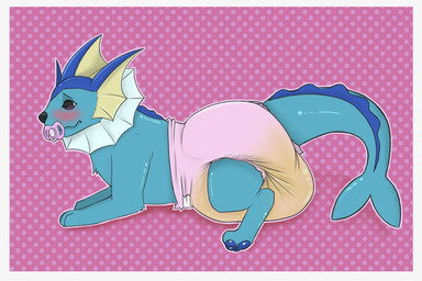 ambiguous_gender bodily_fluids diaper embarrassed feral genital_fluids lying object_in_mouth on_front pacifier pacifier_in_mouth pattern_background simple_background solo unclean_diaper urine used_diaper wet_diaper scripin nintendo pokemon eeveelution generation_1_pokemon pokemon_(species) vaporeon 3:2 hi_res