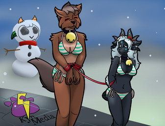 anthro arms_tied bdsm bell bell_collar bikini blind bondage bound brown_body brown_fur clothing collar disability duo facial_markings female fur grey_body grey_fur grey_hair hair hands_behind_back hands_in_front head_markings horn looking_at_another markings midriff size_difference snow snowman swimwear two-piece_swimsuit white_hair winter kynmedia cult_of_the_lamb massive_monster_(studio) hagar_(cult_of_the_lamb) yngya_(cult_of_the_lamb) bovid caprine hyena mammal sheep story story_in_description