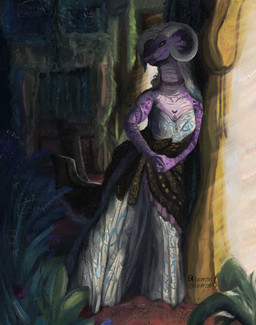 anthro bedroom biped black_sclera black_text clothed clothing detailed_background dress eyelashes female fingers hair horn markings mouth_closed plant purple_body solo standing text yellow_eyes leprzil mythology dragon mythological_creature mythological_scalie scalie 2026 artist_name english_text hi_res nonbinary_(lore)