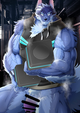 anthro arm_tuft athletic athletic_male blue_body blue_fur bodily_fluids bottomless breath chest_tuft claws clothed clothing cute_fangs dumbbell elbow_tuft exercise fangs finger_claws flaccid flexing fur genitals humanoid_genitalia humanoid_penis male multicolored_body multicolored_fur muscular muscular_anthro muscular_male nude_workout penis pubes shirt smile smirk solo steam sweat teeth topwear tuft vein veiny_muscles weights workout homohomofever lifewonders tokyo_afterschool_summoners tindalos_(tas) canid canine canis mammal wolf 2021 absurd_res censored digital_drawing_(artwork) digital_media_(artwork) hi_res