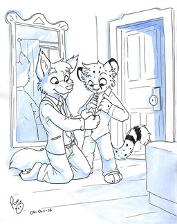 anthro barefoot cheek_tuft clothed clothing door dressing_up duo facial_spots facial_tuft feet head_tuft inside kneeling logo male markings mirror mouth_closed spots spotted_face spotted_markings spotted_tail standing tail tail_markings tuft young young_anthro young_male pandapaco salmy canid canine cheetah felid feline mammal 2016 artist_logo dated monochrome signature