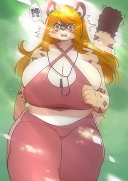 anthro athletic_wear between_breasts big_breasts blue_eyes blush bra breasts cleavage clothed clothing earbuds electronics emanata eyelashes fangs female fur hair headphones huge_breasts inner_ear_fluff interrobang jogging light markings object_between_breasts orange_hair petals portable_music_player shocked solo sports_bra spots spotted_body spotted_fur sunlight tail tail_motion teeth thick_thighs tuft underwear underchikichan arizel felid leopard mammal pantherine hi_res