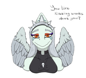 amber_eyes anthro black_clothing black_topwear blue_body bone bone_frill breasts choker clothed clothed_anthro clothed_female clothing collar dialogue eyelashes feathered_wings feathers female frill_(anatomy) front_view grey_body grey_feathers grey_hair hair jewelry long_eyelashes long_hair looking_at_viewer markings medium_breasts necklace non-mammal_breasts o-ring simple_background skull smile solo spiked_collar spikes striped_markings stripes talking_to_viewer text topwear white_background wings lorikani boy_kisser_(meme) cavemanon_studios goodbye_volcano_high ko_op_(game_developer) snoot_game fang_(gvh) prehistoric_species pterosaur reptile scalie english_text meme