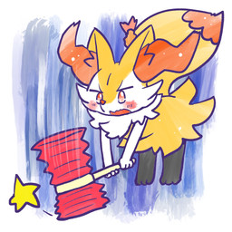 ambiguous_anthro ambiguous_gender anthro biped blush blush_stickers digitigrade food front_view hammer midair no_pupils object_in_tail open_mouth shrimp_(food) simple_background snout solo star tail tools toy annyui0611 nintendo pokemon braixen canid generation_6_pokemon mammal pokemon_(species) 1:1 2023 digital_drawing_(artwork) digital_media_(artwork) full-length_portrait hi_res japanese_description portrait translated_description