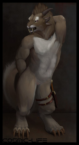 anthro dagger digitigrade fangs female flat_chested genitals horn melee_weapon mohawk nude simple_background solo teeth vulva weapon cosmiclife guild_wars charr felid mammal hi_res