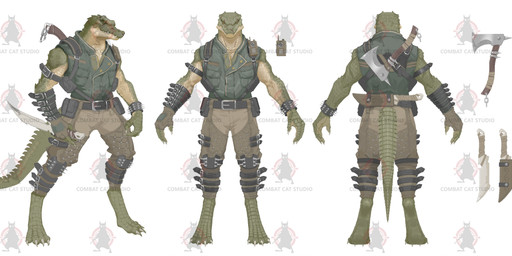 anthro axe belt bottomwear bracelet claws clothing digitigrade electronics eye_scar facial_scar green_body green_scales jacket jewelry knee_pads knife long_tail male pants scales scar solo spiked_bracelet spikes tail tan_body tan_scales topwear walkie-talkie unknown_artist combat_cat_studio wild_assault crock_(wild_assault) crocodile crocodilian reptile scalie absurd_res hi_res model_sheet official_art