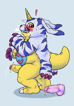 after_anal anal anal_masturbation animal_skin anthro balls belly belly_markings blush dildo erection foreskin fur genitals horn humanoid_genitalia humanoid_penis lube male markings masturbation overweight penis red_eyes sex_toy solo striped_body striped_fur stripes reddo12340 bandai_namco digimon digimon_(species) gabumon scalie hi_res