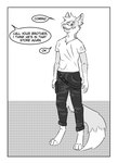 absurd_res anthro barefoot black_and_white border canid canine clothed clothing comic ear_piercing ear_ring english_text feet fox full-length_portrait hi_res kif_yppreah kifyun2 looking_up male mammal monochrome piercing portrait ring_piercing solo speech_bubble text white_border