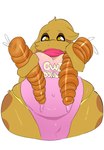 anthro belly big_belly breasts brown_body brown_fur brown_hair clothed clothing curvy_figure dessert doughnut female food fur hair holding_food holding_object huge_hips huge_thighs long_ears looking_at_viewer markings navel orange_body orange_eyes orange_fur pastry pear-shaped_figure pink_clothing slightly_chubby solo text thick_thighs voluptuous white_clothing wide_hips raljoy ral tojol english_text hi_res