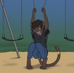 anthro bedroom_eyes clothed clothing crouching male narrowed_eyes park seductive solo swingset black-kitten kurt_(chris13131415) felid leopard mammal pantherine hi_res andromorph_(lore)