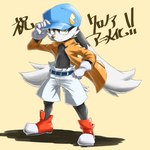 anthro baseball_cap bottomwear clothed clothing gloves hand_on_hip handwear hat headgear headwear jacket male open_clothing open_jacket open_topwear shorts solo text topwear jimnydaisuki bandai_namco klonoa_(series) klonoa domestic_cat felid feline felis hybrid lagomorph leporid mammal rabbit 1:1 japanese_text translated