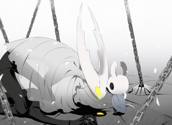 2_horns ambiguous_gender biped black_eyes chain cloak clothing duo fingers hand_on_head horn orange_eyes standing arizuka00 hollow_knight_(franchise) team_cherry hollow_knight_(character) the_knight_(hollow_knight) arthropod infected_(species) vessel_(species) 2020 hi_res sibling_(lore)