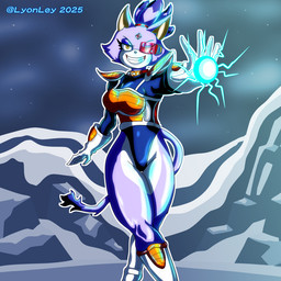 anthro bare_legs blue_clothing blue_leotard boots breasts clothing combat_boots cosmic_background cosplay crossed_legs crossover_cosplay energy_ball evil_grin female footwear fur gloves hair handwear leotard medium_breasts multicolored_body multicolored_fur open_mouth ponytail purple_body purple_fur saiyan_armor shoes smile solo space space_background two_tone_body two_tone_fur white_clothing white_gloves white_handwear yellow_eyes lyonley dragon_ball dragon_ball_z sega sonic_the_hedgehog_(series) blaze_the_cat domestic_cat felid feline felis mammal 1:1 crossover