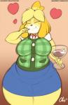 animal_crossing anthro belly big_breasts blush bottomwear breasts canid canine canis clothed clothing cutlery dessert domestic_dog eating eyes_closed female food fur heart_symbol hi_res ice_cream isabelle_(animal_crossing) kitchen_utensils mammal nekocrispy nintendo overweight pear-shaped_figure pencil_skirt shih_tzu shirt skirt solo spoon sundae text tools topwear toy_dog url wide_hips yellow_body yellow_fur