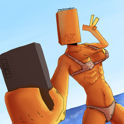 beach biceps bikini breasts clothing electronics faceless female for_a_head gold_(metal) gold_skin human_skin humor medium_breasts mouthless perspective_shot phone raised_hand sea simple_hands solo square_head swimwear text two-piece_swimsuit water yellow_body alberto_omega golden_week fan_character humanoid object_head 1:1 hi_res shaded
