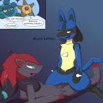 1:1 2018 anthro bed blush bronzor canid canine claws comic cowgirl_position dabelette digital_media_(artwork) duo english_text erection female female_on_top female_penetrated from_front_position fur furniture generation_1_pokemon generation_4_pokemon generation_5_pokemon genitals hi_res lucario male male/female male_on_bottom male_penetrating male_penetrating_female mammal nintendo on_bottom on_top penetration penis pokemon pokemon_(species) sex simple_background staryu text zoroark