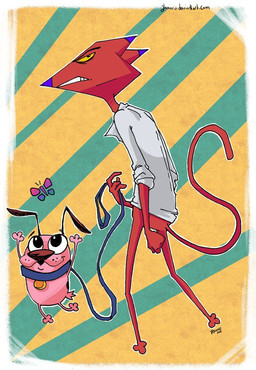 annoyed anthro big_eyes black_eyebrows black_eyes black_spots brown_ears brown_nose clenched_teeth clothed clothing collar collar_only collared_shirt crows_feet dreamy_eyes dress_shirt duo eye_bags eyebrows fist freckles fur happy holding_leash holding_object interspecies jumping leash looking_at_viewer looking_back male male/male markings name_tag nude partially_clothed pattern_background pink_body pink_fur pupils purple_collar purple_ears purple_nose red_body red_fur romantic romantic_couple shirt simple_background size_difference smile spots spotted_body spotted_fur spotted_markings striped_background teeth topwear tsundere walking white_pupils yellow_sclera unknown_artist cartoon_network courage_the_cowardly_dog courage_the_cowardly_dog_(character) katz_(courage_the_cowardly_dog) arthropod beagle butterfly canid canine canis domestic_cat domestic_dog felid feline felis hunting_dog insect lepidopteran mammal scent_hound