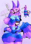 anthro anthrofied areola big_breasts bit_gag blue_body breasts butt female gag handle heart_eyes heart_symbol hooves looking_back multicolored_body nipples nude open_mouth pinata purple_body raised_tail simple_background solo surprise surprised_look tail text thick_thighs sketchy_protogen epic_games fortnite loot_llama_(fortnite) animate_inanimate camelid living_pinata llama mammal absurd_res hi_res