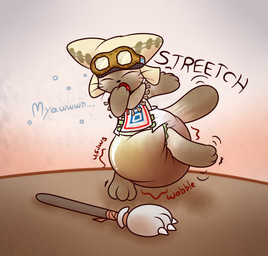 ambiguous_gender anthro bodily_fluids claws clothing diaper excessive_feces eyewear feces genital_fluids goggles hyper hyper_feces messy open_mouth paws peeing pooping scatplay soiled_diaper soiling solo staff stretching tired unclean_diaper urine used_diaper white_diaper wiggle wobble yawn sir-dancalot capcom monster_hunter felid felyne lynian mammal hi_res
