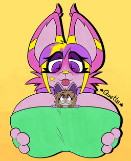 ambiguous_gender between_breasts big_breasts bra breasts brown_body brown_fur clothing duo extreme_size_difference eyelashes female fur fur_markings green_clothing hair long_hair looking_at_another markings messy_hair micro pink_body pink_fur pink_paws purple_body purple_eyes purple_fur purple_hair purple_paws simple_background size_difference smug sports_bra tongue tongue_out underwear yellow_background yellow_body yellow_fur yellow_nose quetta dawrk prismutt_(dawrklawst) canid canine canis goo_creature jackal mammal absurd_res hi_res
