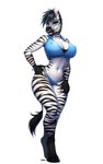 anthro big_breasts black_body black_fur black_hair blue_eyes blue_hair blue_jewelry blue_nails bra bracelet breasts clothed clothing clothing_pull colored_nails eyebrow_piercing facial_piercing female fur hair hooves jewelry looking_at_viewer nails necklace nipple_outline nose_piercing piercing simple_background smile solo standing stripes tail thick_thighs topwear underwear underwear_pull white_background white_body white_fur wide_hips taurusart lazulie_(beard_of_socrates) equid equine mammal zebra absurd_res hi_res