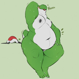 anthro areola backpack belly black_areola blush bodily_fluids bulge countershading green_body male moobs navel nipples nude overweight overweight_anthro overweight_male shell slightly_chubby solo sweat tongue tongue_out walking weight_gain white_body minedoo mario_bros nintendo green_yoshi yoshi 1:1 hi_res