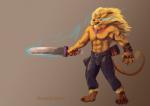 anthro barefoot biped claws clothed clothing feet gradient_background holding_melee_weapon holding_object holding_sword holding_weapon male mane melee_weapon muscular muscular_anthro muscular_male open_mouth simple_background solo standing sword topless weapon loque bandai_namco digimon digimon_(species) felid leomon mammal signature