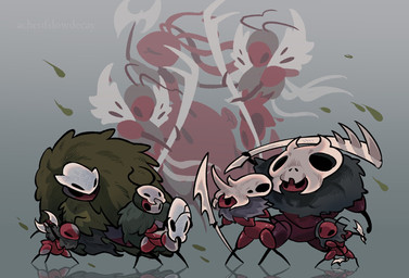 ambiguous_gender antennae_(anatomy) anthro biped black_eyes empty_eyes group holding_mask holding_melee_weapon holding_object holding_weapon looking_at_another mask melee_weapon red_body standing weapon wings acheofslowdecay hollow_knight:_silksong hollow_knight_(franchise) team_cherry gurr_the_outcast skarrsinger_karmelita ant arthropod hymenopteran insect skarr skarr_scout skarr_stalker skarrgard 2026 hi_res