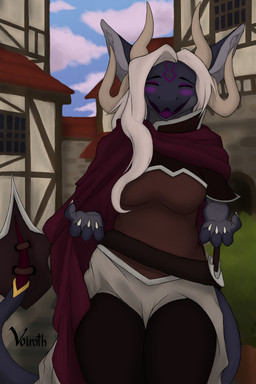 2_horns anthro belt blush breasts claws clothing cloud eyes_closed female fluffy fluffy_ears front_view fur grey_body hair happy horn hug_invitation hug_request leather leather_clothing long_hair markings mature_female medieval medieval_fantasy melee_weapon open_mouth open_smile purple_tongue raised_tail requesting robe shield smile smiling_at_viewer solo sword tail thick_thighs tongue weapon white_hair voirath mythology eleina_(voirath) dragon furred_dragon furred_scalie mythological_creature mythological_scalie scalie trifeagon 2:3 absurd_res hi_res