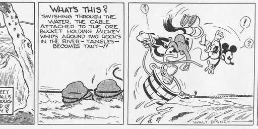 ambiguous_gender anthro bottomwear clothed clothing dialogue duo feral footwear group handwear hooves male open_mouth outside pants plant quadruped rock rope text tree water waterfall floyd_gottfredson hardie_gramatky disney public_domain mickey_mouse equid equine horse mammal mouse murid murine rodent 1930 20th_century absurd_res ancient_art black_and_white comic dated english_text hi_res long_image monochrome wide_image