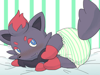 black_body black_fur black_nose blue_eyes blush bottomwear clothed clothed_feral clothing cute_fangs fangs feral fur furgonomics lying on_side panties pattern_bottomwear pattern_clothing pattern_panties pattern_underwear presenting red_body red_fur solo striped_bottomwear striped_clothing striped_panties striped_underwear stripes teeth underwear wadorigi nintendo pokemon generation_5_pokemon pokemon_(species) zorua 2015 4:3 hi_res