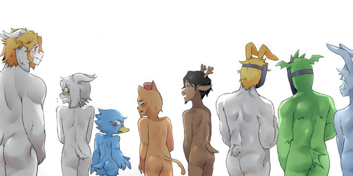 anthro blonde_hair blue_body blue_fur brown_body brown_fur butt clothing ears_up embarrassed eyewear fur glasses green_body green_fur hair hat hat_only headgear headgear_only headwear headwear_only horn male male/male mostly_nude nude tail white_body white_fur komugiko0213 deltarune undertale undertale_(series) asgore_dreemurr asriel_dreemurr berdly burgerpants nicecream_man rg01_(undertale) rg02_(undertale) rudolph_holiday