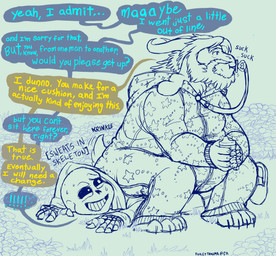 ageplay beard bone claws clean_diaper clothed clothing dialogue diaper diaper_under_clothing diaper_under_onesie duo facial_hair flower footwear horn infantilism long_ears male object_in_mouth onesie pacifier pacifier_in_mouth plant roleplay shoes sitting skeleton slippers text wearing_diaper toilet_(artist) undertale undertale_(series) asgore_dreemurr sans_(undertale) animated_skeleton boss_monster_(undertale) bovid caprine mammal undead absurd_res english_text hi_res