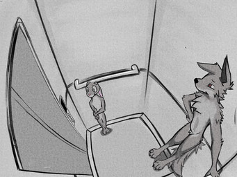 anthro belly bulge camera_view casual_nudity duo elevator female male male/female male_pred nude predator/prey tail unwilling_prey voracious vore narrapousa canid canine canis lagomorph leporid mammal rabbit wolf 2d_animation 4:3 animated digital_media_(artwork) slideshow