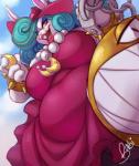 anthro belly big_belly big_breasts blue_hair breasts buckteeth chain clothed clothing dress duo female hair hat headgear headwear jewelry lipstick looking_at_viewer low-angle_view makeup necklace open_mouth overweight overweight_female red_eyes sharp_teeth teeth worm's-eye_view buxbi mario_bros nintendo super_mario_odyssey broodal chain_chompikins madame_broode chain_chomp lagomorph leporid mammal rabbit 2017 digital_media_(artwork)