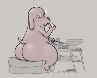 anthro belly big_butt blush bodily_fluids bottom_heavy butt chips_(food) collar container crumbs crumbs_on_face crying cup cushion dessert doughnut eating eating_food food food_on_face holding_food holding_object jelly_(food) looking_at_viewer looking_back male nude overweight overweight_male pastry popcorn simple_background snack solo surprised tail tears zlut385 pocky pringles robot_dreams dog_(robot_dreams) canid canine canis domestic_dog mammal 5:4 colored digital_drawing_(artwork) digital_media_(artwork)