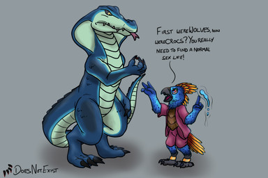 anthro avian_feet beak blue_body dipstick_feathers feathered_tail feathers head_feathers multicolored_eyes orange_body rainbow_eyes size_difference speckled_body tail text arrox_(artist) doesnotexist ka'lam'holn'qui'ke sa'sha avian bird parrot werecreature werecrocodile 3:2 english_text hi_res