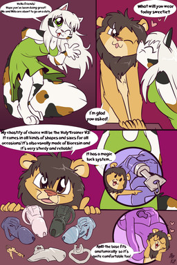chastity_cage chastity_device clothed clothing dialogue dress duo female fully_clothed greeting male nude solo text fuf milo_grant selene_blackcat calico_cat domestic_cat felid feline felis lion mammal pantherine 2:3 comic english_text hi_res