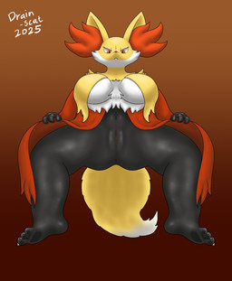 3_toes anthro anus black_body breasts crouching feet female fur genitals low-angle_view multicolored_body multicolored_fur navel red_body red_eyes red_fur simple_background solo tail toes vulva white_body white_fur worm's-eye_view yellow_body yellow_fur yellow_tail drain_scat nintendo pokemon delphox generation_6_pokemon pokemon_(species) 2025 hi_res